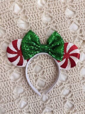 Disney mini ears Holiday/Christmas 
 Sequin Candy Bow Headband - Green & Red